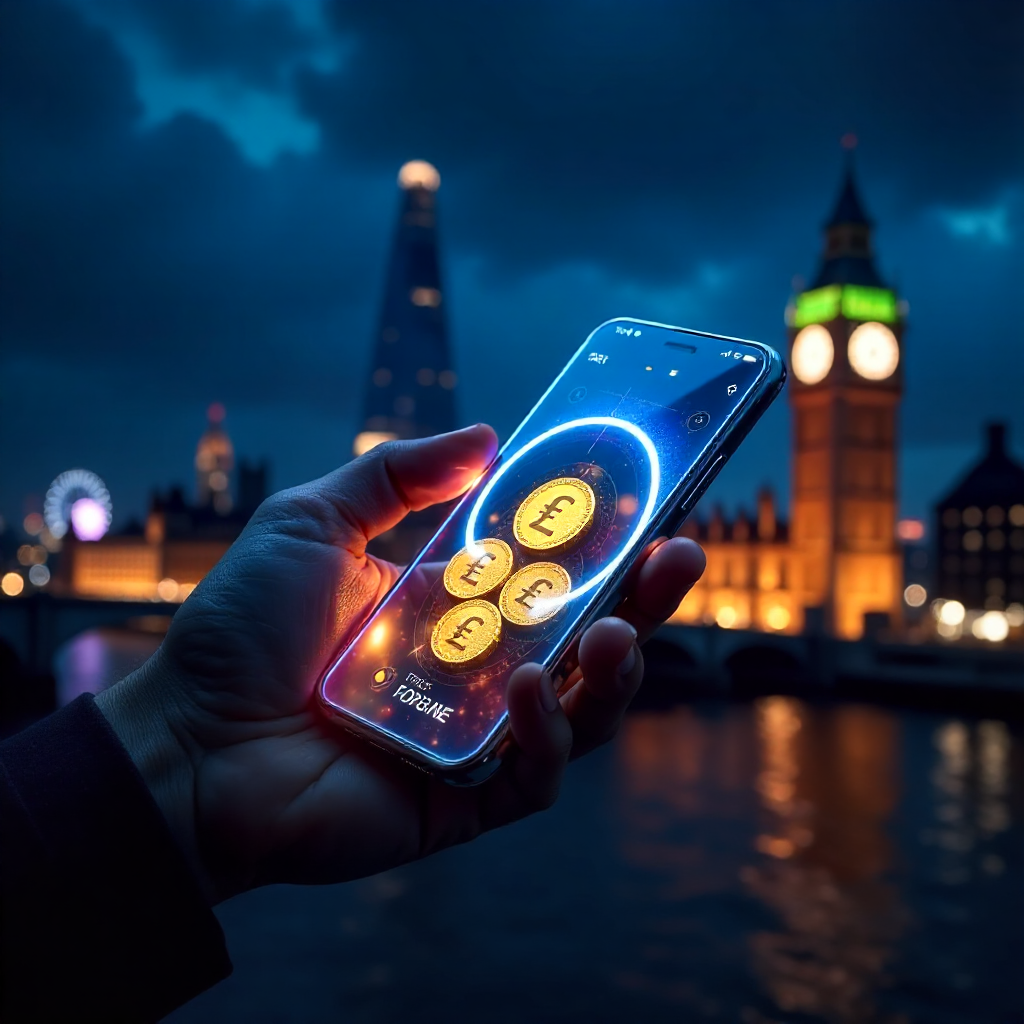 Futuristic hand holding a transparent glass smartphone displaying the True Fortune UK app, background is the London skyline with the Shard and Big Ben at night with glowing royal blue laser beams, 3D holographic gold British Pound (£) coins and sparkling